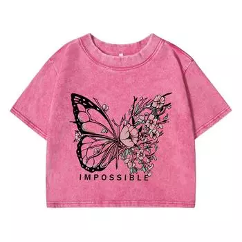 Женские хлопковые выстиранные футболки Летние состаренные футболки обычного кроя Кроп-топы Розовые с принтами бабочек и надписью «Impossible» Одежда M