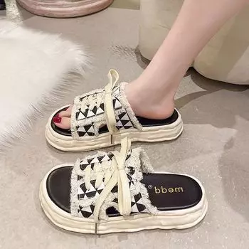 Женские холщовые тапочки Beggar с одним словом, летние 2025 года, новые кексы с толстой подошвой, модные, ленивые, повседневные, классные тапочки 35