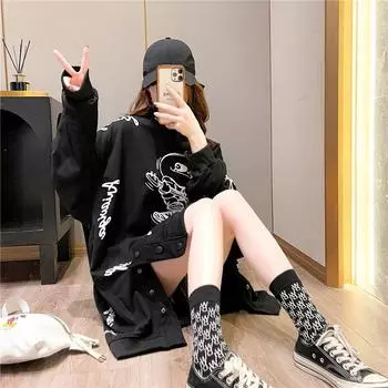 Женские худи больших размеров, осенние, винтажные, с мультяшным принтом, свободные, повседневные, с длинным рукавом, с круглым вырезом, уличная одежда, толстовки, верхняя одежда M чёрный