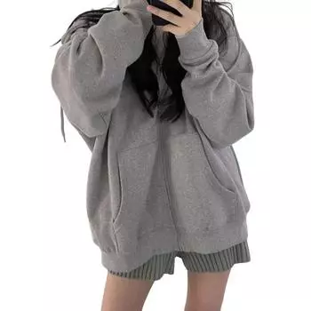 Женские худи оверсайз на молнии с длинным рукавом и карманами, повседневные куртки на шнурке, осенняя верхняя одежда 2XL светло-серый