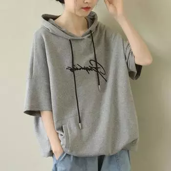 Женские худи с коротким рукавом большого размера на лето в корейском стиле, свободные повседневные толстовки с капюшоном, футболки оверсайз, топы One Size серый