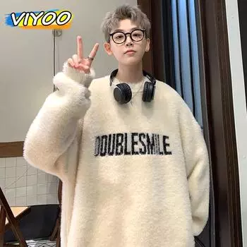 Женские и мужские белые винтажные вязаные свитера Y2K, пуловеры плюс бархатные толстовки, трикотаж, джемпер для мужчин, зимняя одежда в корейском стиле, блузка, футболки L чёрный