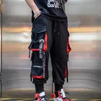 Женские и мужские брюки-карго с карманами на ленте, беговые брюки с эластичной резинкой на талии, уличная одежда в стиле Харадзюку, хлопковые брюки в стиле панк в стиле панк S