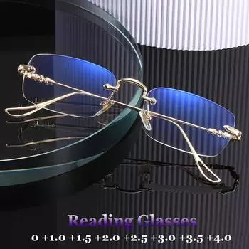 Женские и мужские деловые готовые очки для чтения, модные квадратные дальнозоркие очки без оправы, готовые очки для дальнозоркости по рецепту 4.0 золотой