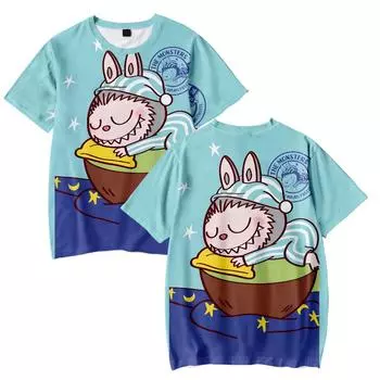 Женские и мужские футболки LABUBU с принтом O-образным вырезом, свободные, с короткими рукавами, модная мужская одежда, уличная одежда XS