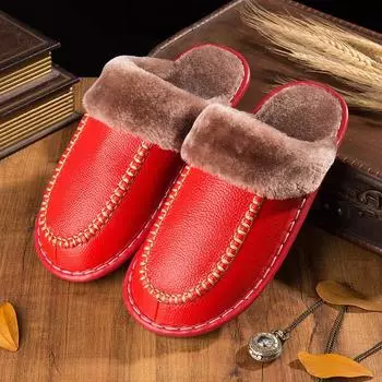 Женские и мужские новые осенние и зимние тапочки, домашние плюшевые нескользящие теплые кожаные тапочки, толстые тапочки из воловьей кожи, удобные оптом 25 кофейный