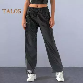 Женские и мужские повседневные брюки средней посадки с эластичной резинкой на талии, прямые длинные брюки из искусственной кожи, свободные брюки S синий