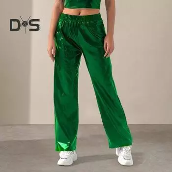 Женские и мужские повседневные брюки средней посадки с эластичной резинкой на талии, прямые длинные брюки из искусственной кожи, свободные брюки S розовый