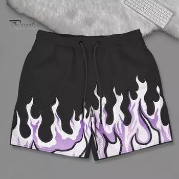 Женские и мужские шорты с пламенным принтом, эластичные шорты для бега на талии, быстросохнущие спортивные повседневные шорты с широкими штанинами и карманами 2XL фиолетовый