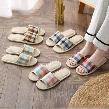 Женские и мужские тапочки в клетку, модные льняные тапочки в клетку, повседневные домашние тапочки для пар, домашние туфли на плоской подошве 36-37 розовый