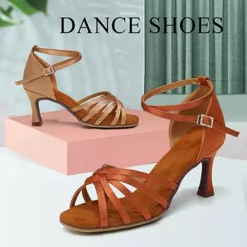 Женские и женские латинские туфли с мягкой подошвой для сальсы и танго, бальные туфли с резиновой подошвой, высокий каблук 7 см 34 чёрный