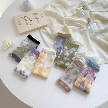 Женские и женские носки до середины икры с цветами, летние прозрачные марлевые модные модные носки до середины икры