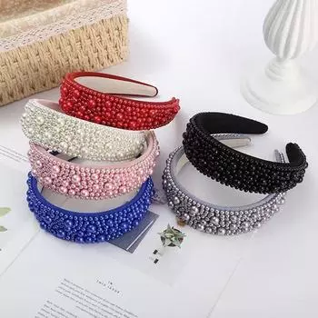 Женские и женские повязки на голову с жемчугом, модные толстые, с подкладкой, с жемчугом, украшенные бисером, широкие повязки для волос на свадьбу белый