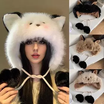 Женские и женские уши для защиты ушей, ветрозащитная зимняя утолщенная теплая шапка с милыми мультяшными ушками
