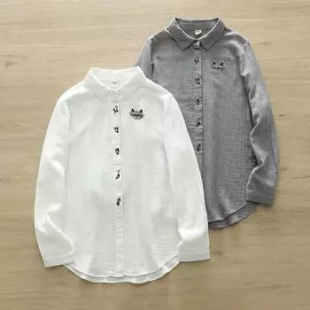 Женские изысканные вышитые блузки и рубашки Рубашка с длинными рукавами и лацканами Женская свободная рубашка из хлопковой пряжи с рисунком в виде кошки M белый