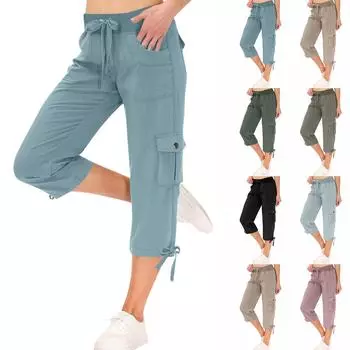 Женские капри-карго с 6 карманами, легкие быстросохнущие повседневные удобные летние брюки для путешествий на открытом воздухе L чёрный