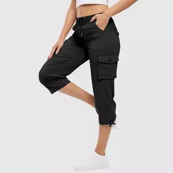 Женские капри с карманами, свободные повседневные брюки, нарядные легкие женские мешковатые брюки-карго для походов L чёрный