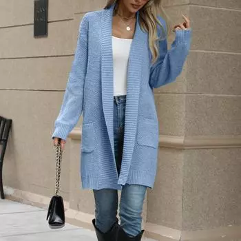 Женские кардиганы большого размера, однотонный мягкий вязаный кардиган с длинными рукавами и карманами L синий