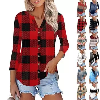 Женские кардиганы на пуговицах, футболки с рукавом 3/4, футболки с V-образным вырезом, повседневные модные футболки с принтом, топы M винный