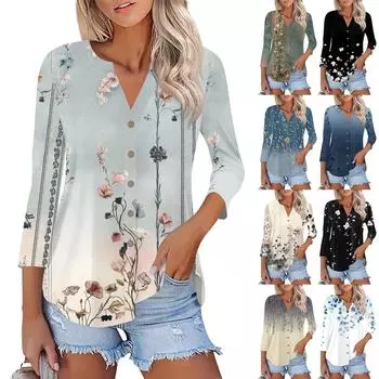 Женские кардиганы на пуговицах, футболки с рукавом 3/4, футболки с V-образным вырезом, повседневные модные футболки с принтом, топы S
