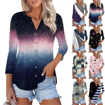Женские кардиганы на пуговицах, футболки с рукавом 3/4, футболки с V-образным вырезом, повседневные модные футболки с принтом, топы M