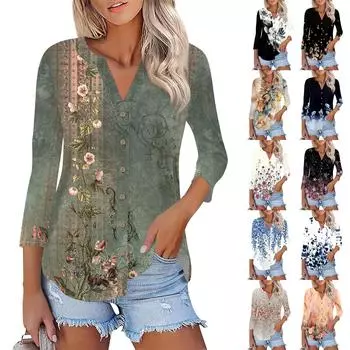 Женские кардиганы на пуговицах, футболки с рукавом 3/4, футболки с V-образным вырезом, повседневные модные футболки с принтом, топы XXL хаки