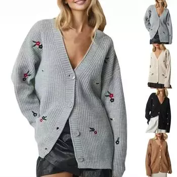 Женские кардиганы с цветочной вышивкой, легкие трикотажные кардиганы с V-образным вырезом и пуговицами спереди S чёрный