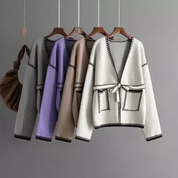 Женские кардиганы с длинным рукавом, свитера с карманами, свободные вязаные свитера с V-образным вырезом, верхняя одежда для женщин, повседневные объемные осенне-зимние вязаные кардиганы, куртки one size чёрный