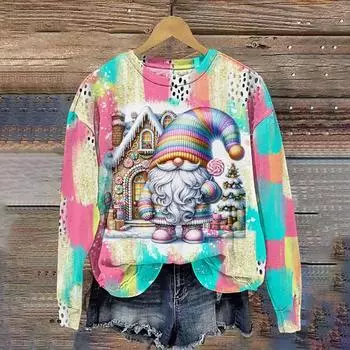 Женские кавайные толстовки с круглым вырезом и принтом Санта-Клауса, зимние повседневные толстовки с принтом гнома, рождественские топы большого размера для женщин S