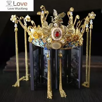 Женские китайские свадебные комплекты ювелирных изделий, золотые диадемы Феникс, корона, головной убор, свадебные аксессуары для волос, элегантные, изысканные, необычные повязки на голову Width: Approximately 14cm