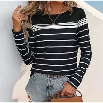 Женские классические полосатые топы весна осень повседневная базовая круглая горловина с длинными рукавами тонкая футболка повседневный дорожный свитер S чёрный