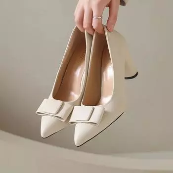 Женские классические туфли-лодочки для вечеринок, женские туфли с бантом на высоком массивном каблуке, элегантные женские туфли на каблуке 8 см, Zapatos Mujer 2024 Talon Femme 35 бежевый