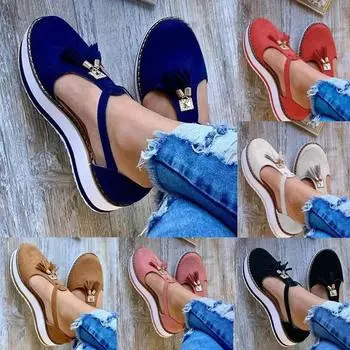 Женские классические туфли-лодочки с кисточками и круглым носком на плоской подошве, повседневная пляжная обувь с толстой подошвой и пряжкой 35 чёрный