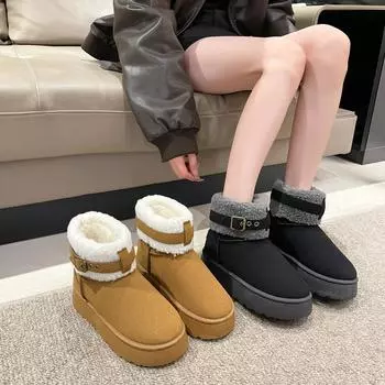 Женские классические зимние ботинки на платформе, зимние теплые нескользящие полусапожки с подкладкой из искусственного меха для женщин, удобные короткие ботинки с подкладкой из искусственной замши и флиса 36 чёрный