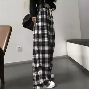 Женские клетчатые брюки-лоферы с эластичной талией, широкие брюки в клетку, повседневные спортивные брюки XS