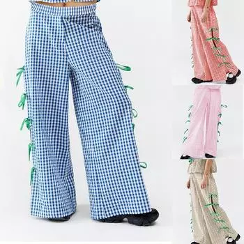 Женские клетчатые брюки Модные клетчатые брюки с тонким поясом и разрезом L синий