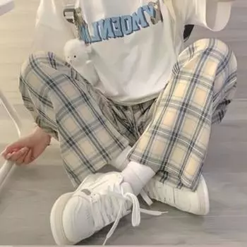 Женские клетчатые брюки в японском стиле, милый консервативный стиль, удобная летняя мода с высокой талией, шикарная уличная одежда, свободная универсальная одежда в стиле Харадзюку L