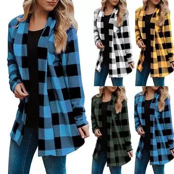 Женские клетчатые кардиганы с длинным рукавом и нашивкой на локте, драпированная открытая передняя кардига XL зелёный