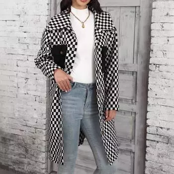 Женские клетчатые куртки, теплые зимние осенние куртки из искусственной шерсти, пальто с воротником-лацканом на пуговицах, верхняя одежда с длинными рукавами и карманами, куртки больших размеров для женщин S чёрный