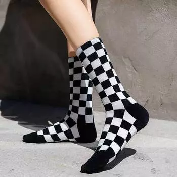 Женские клетчатые носки, хлопковые модные забавные носки в стиле хип-хоп, белые спортивные носки унисекс в японском стиле с геометрическим рисунком, мужские