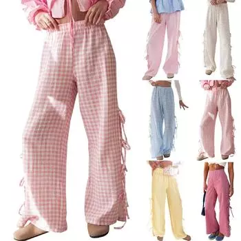 Женские клетчатые полосатые брюки с высокой талией, повседневные брюки для тренировок, спортивные брюки для отдыха
