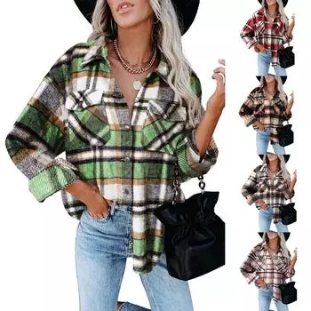 Женские клетчатые рубашки с начесом, фланелевая куртка с длинными рукавами и лацканами на пуговицах и карманами, фланелевая куртка, пальто L синий