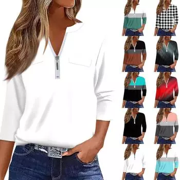 Женские клетчатые рубашки с рукавом 3/4 на молнии с цветочным принтом, повседневная туника, блузка, топы L чёрный