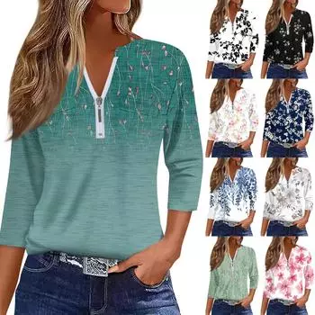 Женские клетчатые рубашки с рукавом 3/4 на молнии с цветочным принтом, повседневная туника, блузка, топы XXL белый