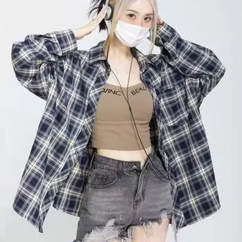 Женские клетчатые рубашки в ленивом стиле, свободная рубашка с длинными рукавами в стиле ретро, женская весенне-осенняя корейская однобортная блузка M