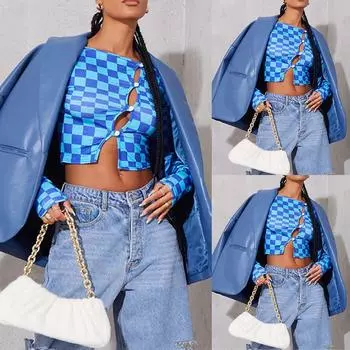 Женские клетчатые сексуальные полые сексуальные укороченные клубные облегающие топы с длинными рукавами в стиле пэчворк