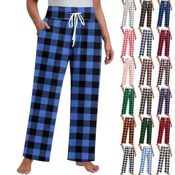 Женские клетчатые штаны для йоги больших размеров с широкими штанинами, свободные повседневные спортивные штаны с карманами и завязками L синий