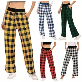 Женские клетчатые свободные широкие брюки, модные темпераментные повседневные брюки с высокой талией L чёрный