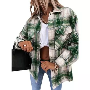 Женские клетчатые топы, осенне-зимние рубашки с длинными рукавами, однобортная толстая рубашка с лацканами, пальто S зелёный