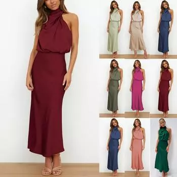 Женские коктейльные платья без рукавов с воротником-стойкой и эластичной резинкой на талии для вечеринки, свадьбы, для гостей, атласное платье средней длины с высоким разрезом M армия зеленый